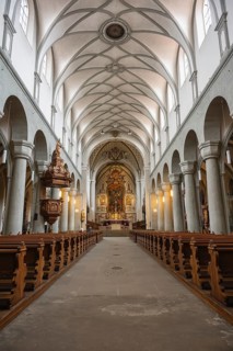 Interior view of Constance Cathedral with various architectural styles in the historic old town of