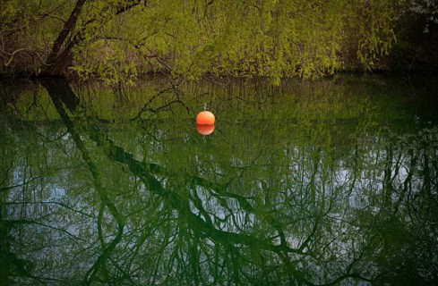 Red buoy, waterfront, Max-Eyth-See, Hofen, Stuttgart, Baden-Württemberg, Germany