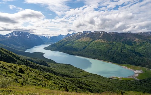 View of blue lake and mountains on Twin Peaks Trail, Eklutna Lake, Chugach Mountains, Chugach State