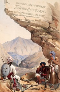 Three men with musical instruments rest under a rock in the mountainous landscape