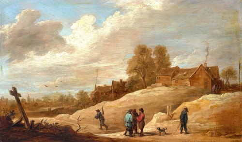 A landscape with figures on the outskirts of a town, painting by David Teniers (baptised 15