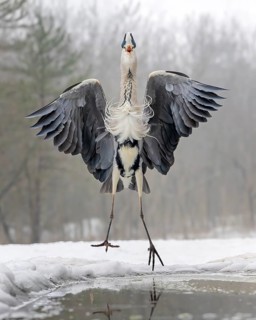Grey heron (Ardea cinerea) hunting and spreading its wings as a deterrent, winter with ice and