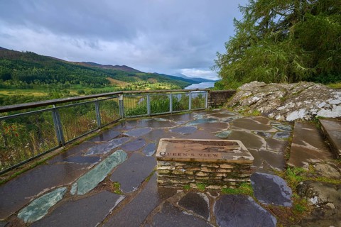Nasser, rocky viewpoint with view of woods and hills under cloudy sky, Queens View, Fincastle,