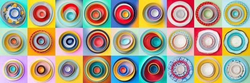 A vibrant array of decorative plates and bowls displayed on colorful backgrounds. Each square