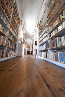 Corridor in a library with two high bookshelves and a wooden floor, which has a calming effect,