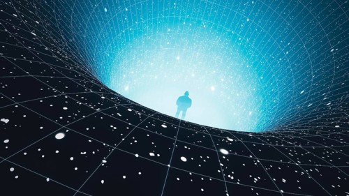 A man stands at the edge of a black hole, gazing into the depths of the universe, surrounded by