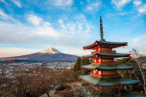 Five-story pagoda of a Shinto Shrine, Chureito Pagoda, with views of Fujiyoshida City and Mount