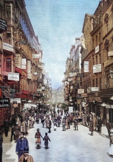Traffic in Petersstrasse in Leipzig, Saxony, Germany, coloured wood engraving, reproduction from a