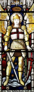 Detail of stained glass window depicting Saint George, Clayton and Bell, Boulge church, Suffolk,