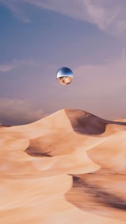 A unique desert landscape showcases soft dunes under a vast sky, with a metallic sphere suspended