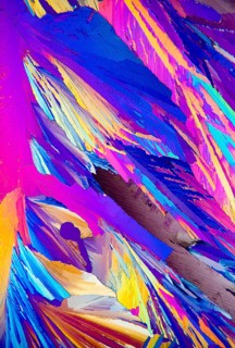 Microscopic image showcasing vivid Adipic acid, crystals in stunning shades of blue, purple, and