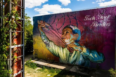 Graffiti on the former US eavesdropping facility on Teufelsberg in Grunewald, Berlin, Germany
