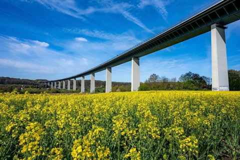 Long traffic jam on the Mintarder Ruhr Valley Bridge, A52 motorway bridge between Essen and