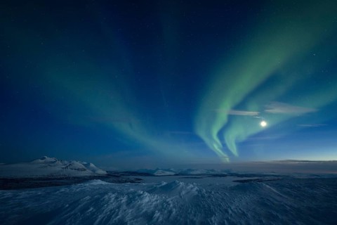 Northern Lights (Aurora borealis) over Lake Akkajaure and the Akkamassif, Stora Sjöfallet National