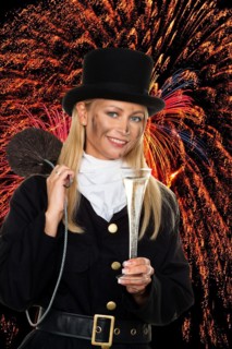 A female chimney sweep in front of New Year's Eve fireworks