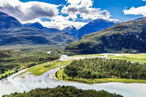 Islands in the river Rio Baker, mountain range, north of Puerto Yungnay, aerial view, Patagonia,
