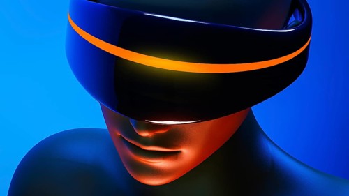 A humanoid wearing virtual goggles experiences an augmented world filled with artificial