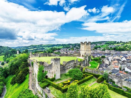 Richmond Castle from a drone, Richmond, Yorkshire Dales, North Yorkshire, England, United Kingdom