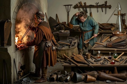 Alchemical laboratory, historical illustration from the 16th century, digitally edited, alchemy,