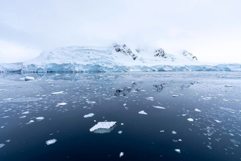 Glacier eruption edge with ice floes on mirror-smooth water surface, snow-capped mountains in fog,
