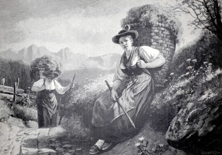 Sennerines bring grass from the Alm in baskets, 1891, Austria, authentic, digitally restored