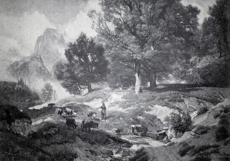 Landscape in Ramsau with cows and a shepherd, 1890, near Berchtesgaden, Bavaria, Germany,