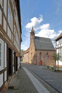 Half-timbered houses and hospital chapel built in the 14th century, Steingasse, Treysa,