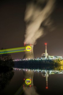 Protest action broadcast by the anti-nuclear organization, projection, night view, 05-03-2026,