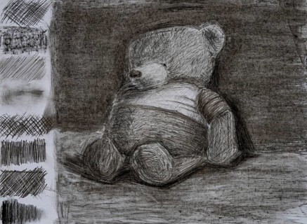 A detailed drawing showcases a teddy bear sitting quietly on a textured surface. The artwork uses