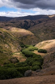 Landscape in New Zealand. View from Lindis Pass Tarras Road towards Cluden Creek Road. Lindis