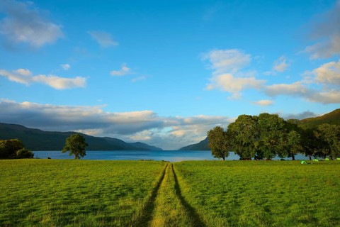 A trail leads through green fields to a lake surrounded by trees, under a blue sky, Fort Augustus,