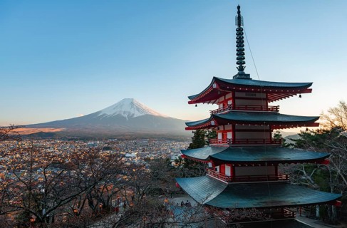 Five-story pagoda of a Shinto Shrine, Chureito Pagoda, with views of Fujiyoshida City and Mount