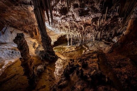 Stalactites and stalagmites, rock formations in a stalactite cave, Grotta del Fico, Gulf of Orosei,
