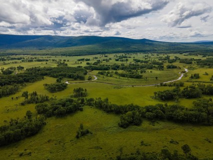 Vast green fields stretch across Vladivostok, Russia, under a cloudy sky. A winding river cuts
