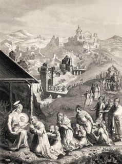 The epiphany of Jesus, Arrival of the Magi, steel engraving, 1853, digitally restored