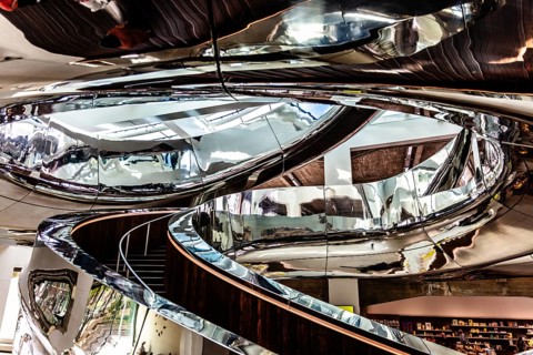 Spectacular double spiral staircase from ground floor to roof terrace, offering breathtaking views