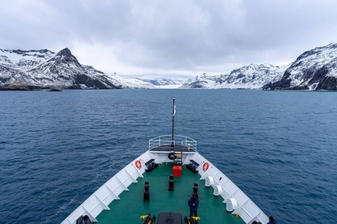 Bow of an expedition ship enters fjord, snow-capped mountains and glaciers in the background,