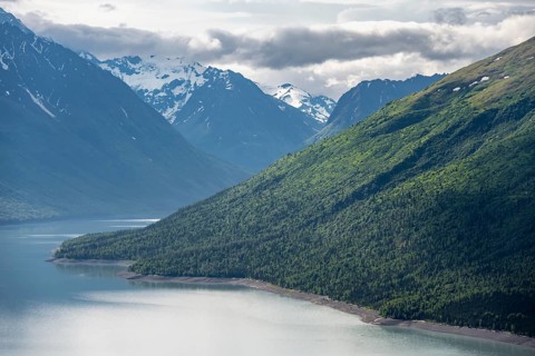 View of blue lake and mountains on Twin Peaks Trail, Eklutna Lake, Chugach Mountains, Chugach State