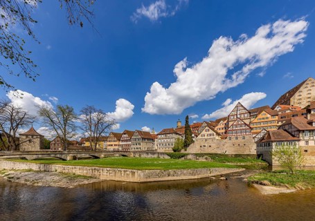 Grasbödele with an ensemble of buildings. City view of Schwäbisch Hall, Baden-Württemberg, Germany