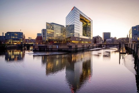 Mirror House on Ericusspitze at Blue Hour with Reflection in the Fleet, Hamburg, Germany