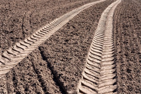 Tractor tracks, agricultural trails at a cultivated field in springtime, farmland near Wesertal,