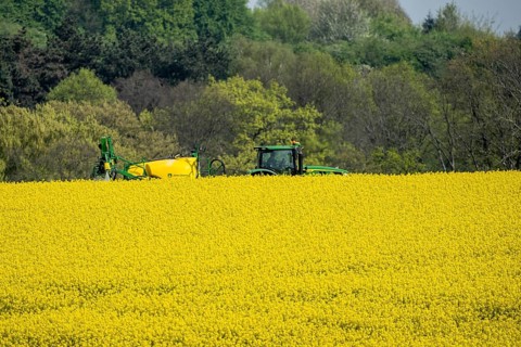 Agriculture, rapeseed field in full bloom, farmer sprays the field with a John Deere M952 trailer