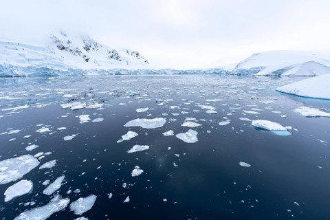 Drift ice floes on a mirror-like sea surface, in the background glacial breakout edge and