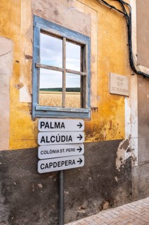 Road sign on an urban house wall, Valdemossa, Majorca, Valearen, Spain