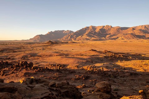 Desert landscape with Brandberg in morning light, at sunrise, Erongo, Damaraland, Namibia