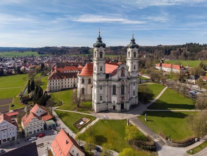 Aerial view of the Baroque Basilica of St. Alexander and Theodor, Ottobeuren Abbey, Ottobeuren,