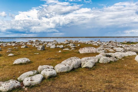 Ottenby nature reserve, extensive coastal landscape, meadows, boulders and old stone wall, UNESCO