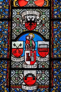 Colourful stained glass windows, Notre-Dame Cathedral, former episcopal church of the diocese of