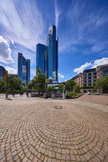 Deutsche Bank Tower and Taunusanlage underground station in Frankfurt am Main, district-free city,