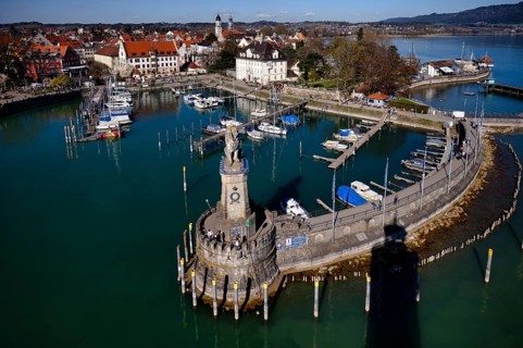 View from New Lighthouse to harbour entrance, harbour, yachts, boats, Bavarian Lion, old town,